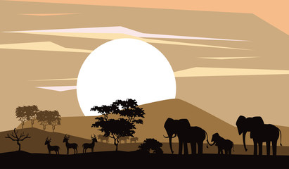 Elephants and antelopes african animals silhouetttes at savanna vector illustration graphic design