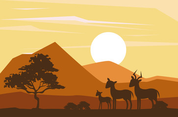 Fototapeta na wymiar Antelopes african animals silhouetttes at savanna vector illustration graphic design