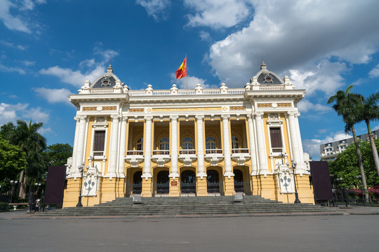 French Built Opera House In Hanoi, With Blue Sky And White Clouds