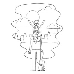 father carrying her daughter on shoulders and holding dog in the park city