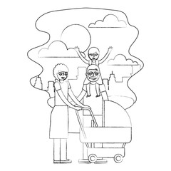 grandparents with graddaughter and baby pram