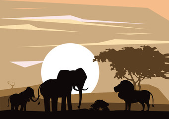Fototapeta premium Elephant lion and ape african animals silhouetttes at savanna vector illustration graphic design