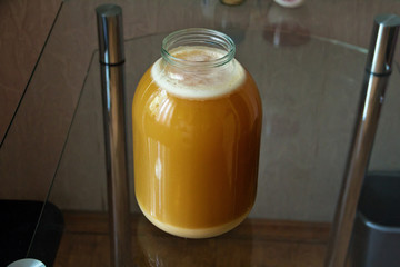 Kvass home-made in a glass jar of three liters.