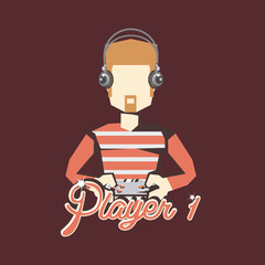 retro videogames, player 1 design with avatar man with headphones and gamepad over red background, colorful design. vector illustration
