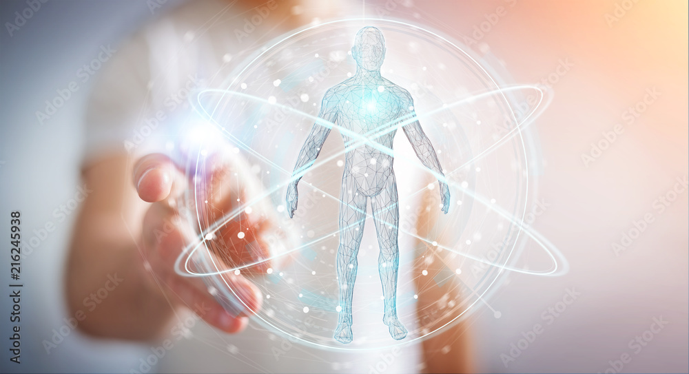 Poster Businessman using digital x-ray human body scan interface 3D rendering