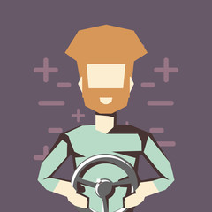 retro videogames design with avatar man with steering wheel controller over purple background, colorful design. vector illustration
