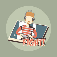 retro videogames design with avatar man with headphones and gamepad  over green background, colorful design. vector illustration