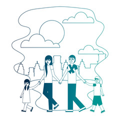 parents and son daughter holding hands in the park city