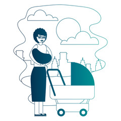 grandmother carrying grandchild on arms and pram