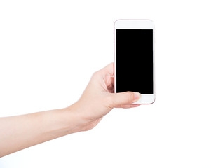 Concept of woman's hand holding a smartphone isolated on white background, clipping path, blank for webpage or message.
