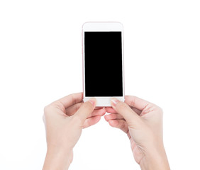 Concept of woman's hand holding a smartphone isolated on white background, clipping path, blank for webpage or message.