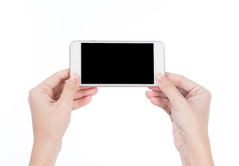 Concept of woman's hand holding a smartphone isolated on white background, clipping path, blank for webpage or message.
