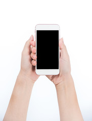 Concept of woman's hand holding a smartphone isolated on white background, clipping path, blank for webpage or message.