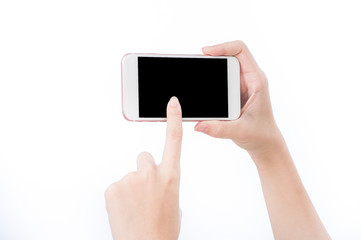 Concept of woman's hand holding a smartphone and pointing with figer isolated on white background, clipping path, blank for webpage or message.