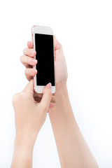 Concept of woman's hand holding a smartphone isolated on white background, clipping path, blank for webpage or message.