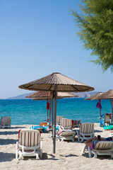 White sand beach with straw umbrellas and green trees, Kos, Dodecanese ( dhodhekanisos), Greece island. Aquamarine turqouise water of aegean sea ( mediterranean). Vacation concept.