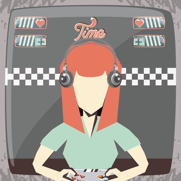 retro videogames design with avatar woman with headphones and playing videogames over background, colorful design. vector illustration