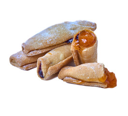 Cookies rolled with cherries and black currants isolated on a white background. Sweet dessert