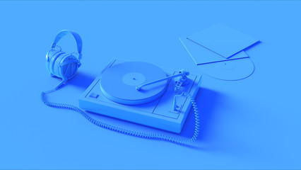 Blue Vintage Turntable Record Player with Headphones 3d illustration 3d render