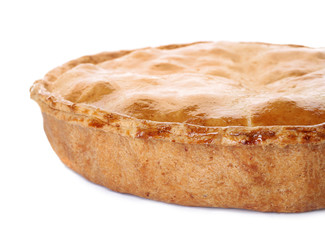 Delicious apple pie on white background, closeup