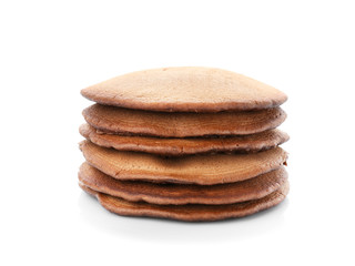 Tasty chocolate pancakes on white background