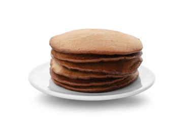 Plate with tasty chocolate pancakes on white background
