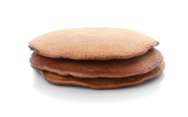 Tasty chocolate pancakes on white background