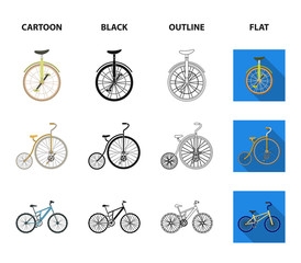 Retro, unicycle and other kinds.Different bicycles set collection icons in cartoon,black,outline,flat style vector symbol stock illustration web. © pandavector