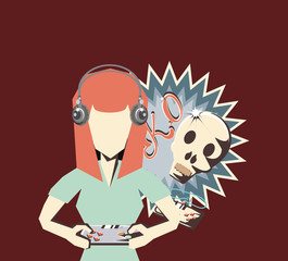 retro videogames design with avatar woman with headphones and playing videogames over red background, colorful design. vector illustration