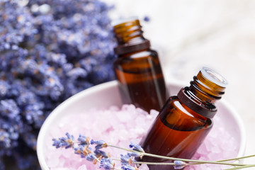 lavender body care products. Aromatherapy, spa and natural healthcare concept - obrazy, fototapety, plakaty