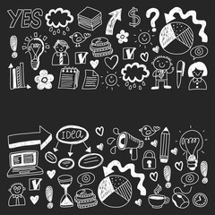 Social media and business icons. Patterns on black backgroud. Chalk illustration on blackboard. Management, teamwork.