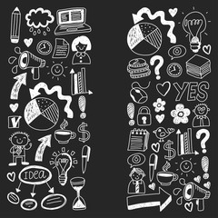 Social media and business icons. Patterns on black backgroud. Chalk illustration on blackboard. Management, teamwork.