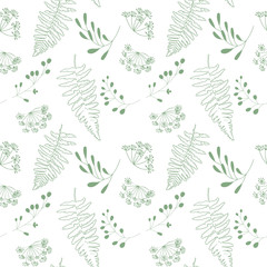 Vector botanical seamless pattern with  stylized berries, fern leaves and dill flowers.