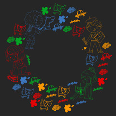 Children painting. School and kindergarten kids creative class. Education, play and grow together. Boys and girls drawing by pen and pencils. Playground.