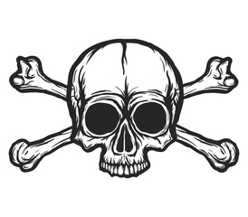 Human skull with bones vector silhouette isolated on white. Hand drawn black and white skull illustration. Tattoo or print design. Transparent background.