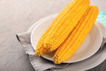 Plate with tasty corn cobs on grey table, closeup