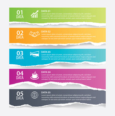 Infographics torn paper in horizontal with 5 data template. Vector illustration abstract background. Can be used for workflow layout, business step, banner, web design.
