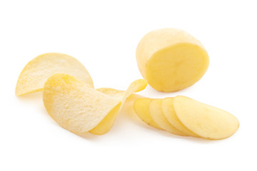 crispy chips and raw potato on white background