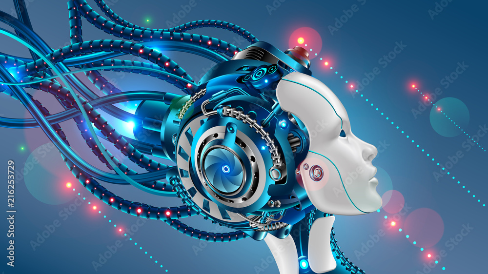 Poster cybernetic head of robot woman close-up with artificial intelligence connected from cable. face prof