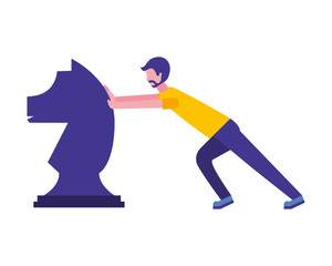 young man pushing horse chess piece isolated icon