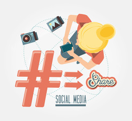 woman with smartphone social media icons vector illustration design