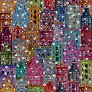 Christmas background with old europe houses