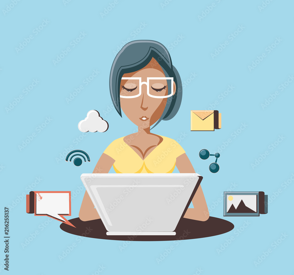 Poster woman with laptop social media icons vector illustration design