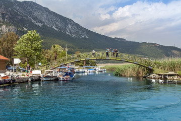 Mugla, Turkey, 14 May 2012: Bridge and Boats at Azmak Stream, Gokova Bay, Akyaka