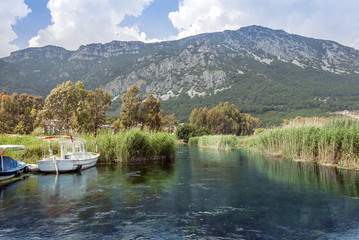 Mugla, Turkey, 14 May 2012: Boat at Azmak Stream, Gokova Bay, Akyaka
