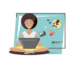 woman with laptop social media icons vector illustration design