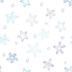 Starfish with bubbles vector seamless pattern background.