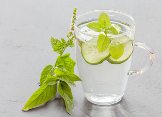 glass of water with pieces of cucumber and peppermint
