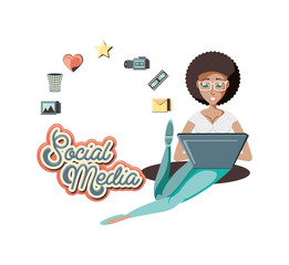 woman with laptop social media icons vector illustration design