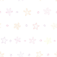 Starfish with bubbles in line vector seamless pattern background.
